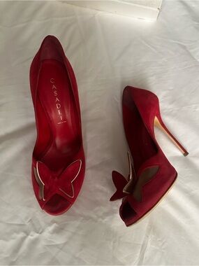 CASADEI Red Suede Butterfly Peep-Toe Stiletto Heels